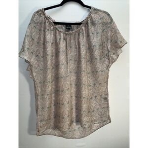 Ella Moss Sheer Silk Blouse Peach Floral Butterfly Short Sleeve Elastic Neck S